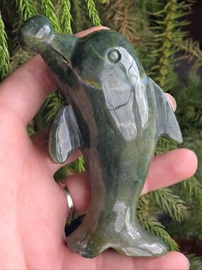 Green Ocean Jasper Dolphin Carving 4.42” Crystal Dolphin Ocean Animal Figurine